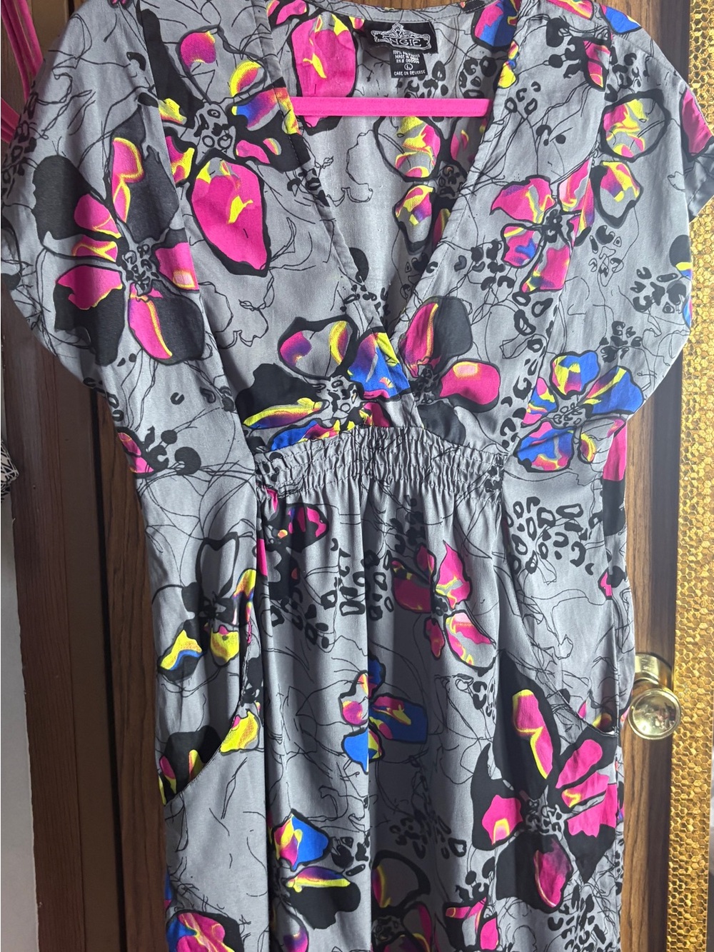 Angie Gray Dress with Pink, Yellow & Blue Floral Print